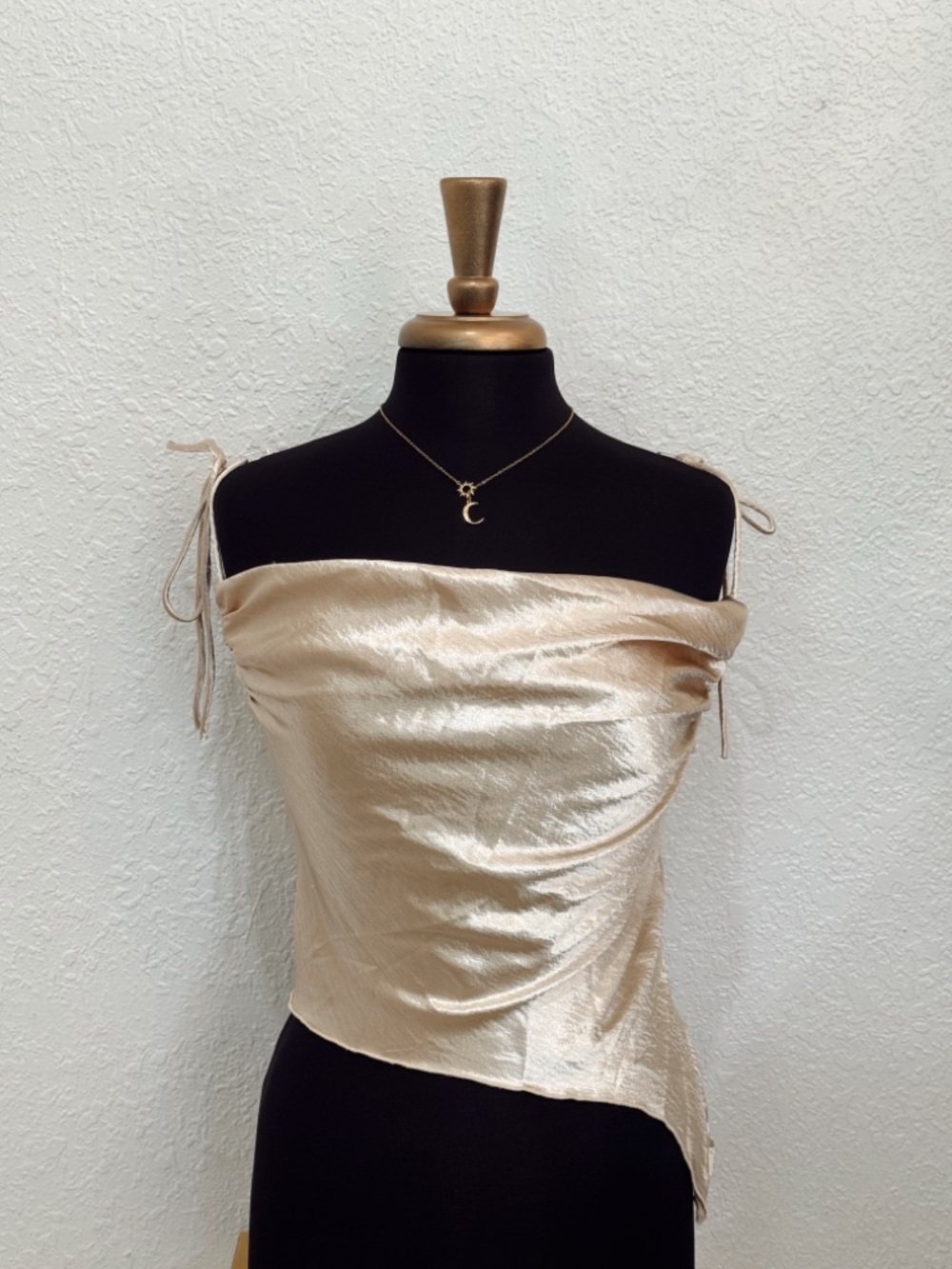 Satin Asymmetrical Strap Tie Top in Champagne